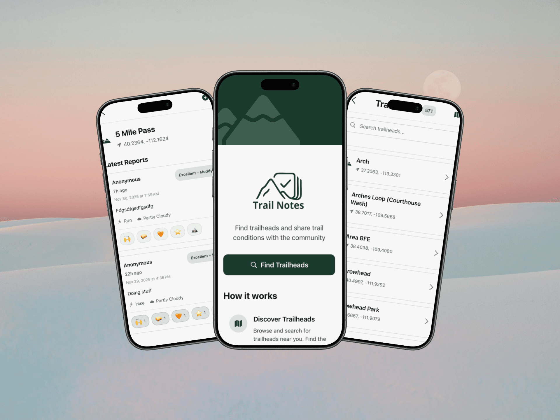 Trail Notes mobile app screenshots showing trail reports, main screen, and search